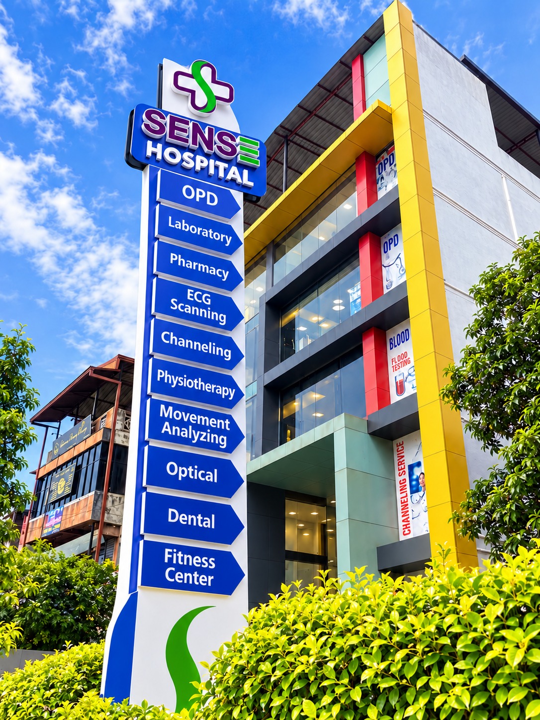 Sense Hospital building and signboard